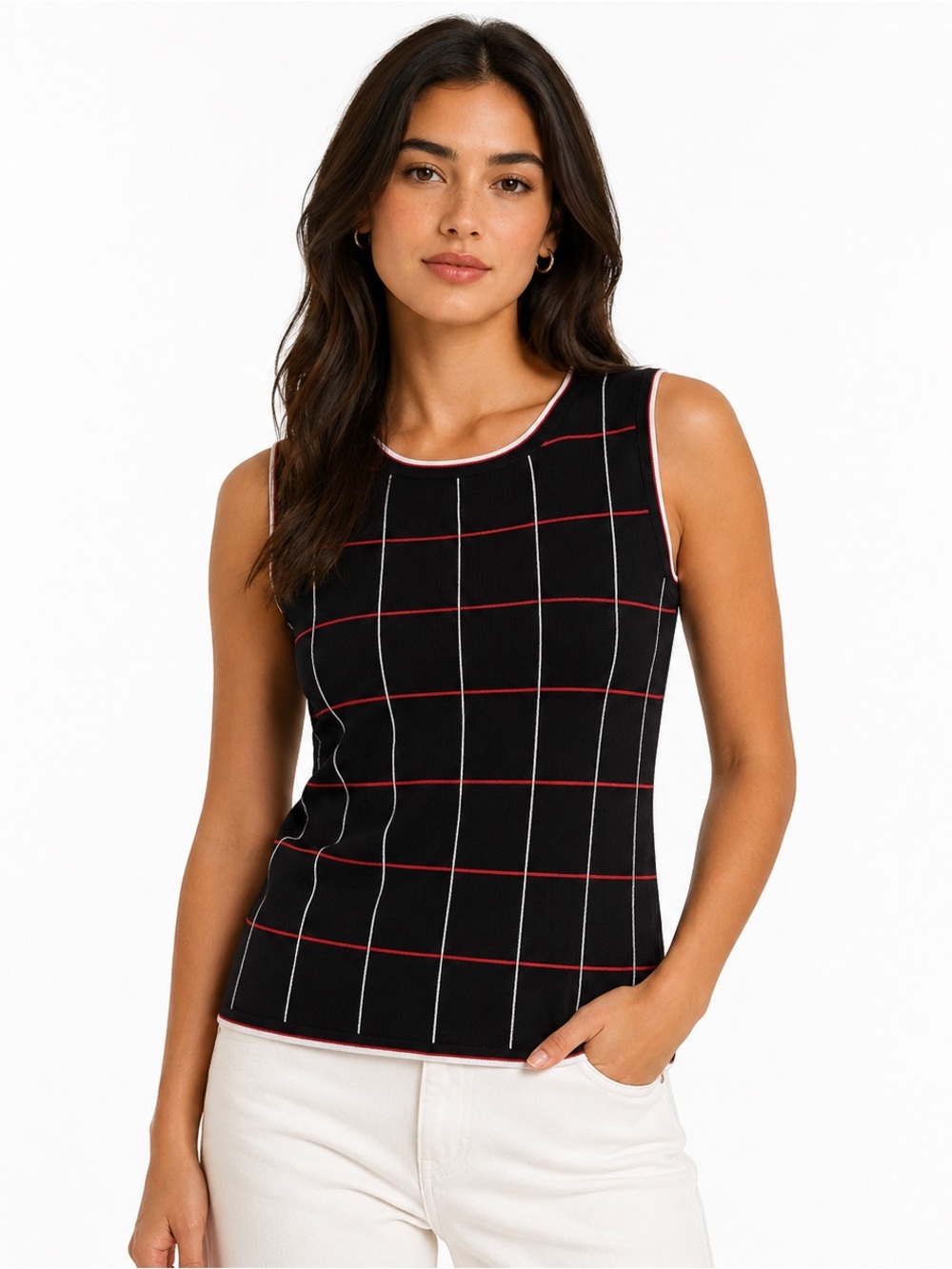 Rossini Collection Black Grid Knit Tank Top Y2K Minimalist Office Chic